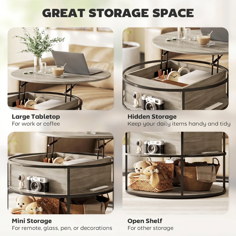 HOMCOM Ronde koffietafel met opklapbaar tafelblad, opbergruimte, zijplanken, stalen frame, salontafel, Eik