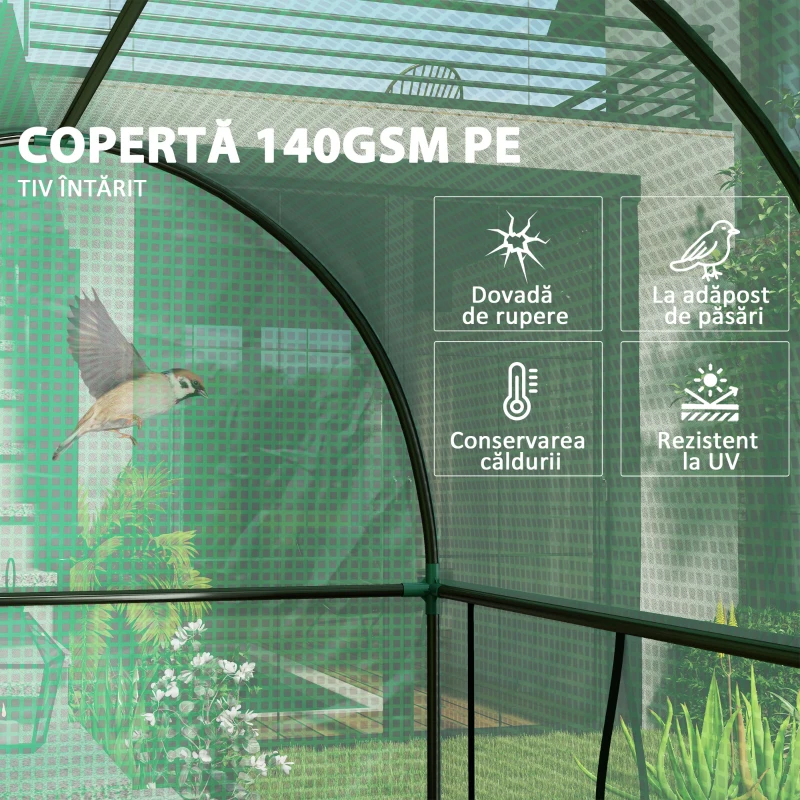 Outsunny Seră pentru Grădină de 2 m², 2 Uși Rulante, Acoperire din PE 140g/m² Anti-UV, 2x1x1.78m, Verde