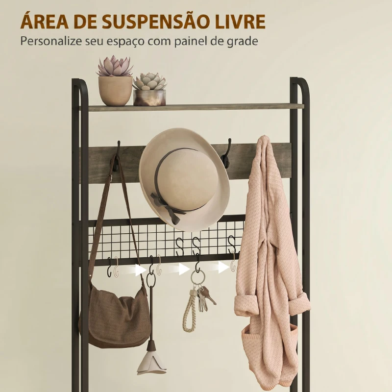 HOMCOM Bengaleiro com Sapateira 5 em 1 com Banco Painel de Grelha Armário 10 Ganchos Prateleira Superior e Estrutura em Aço Cinza