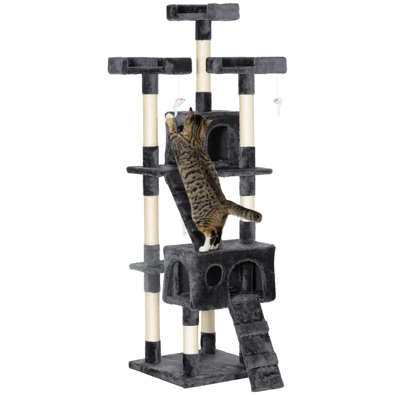 PawHut Pom pentru pisici cu 3 platforme, 2 căsuțe și jucării suspendate, din lemn și pluș, 49x49x173 cm, gri