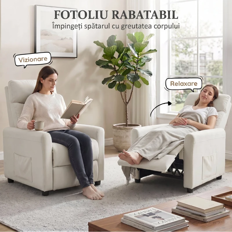 HOMCOM Fotoliu Reclinabil 135° în Material Textil cu Efect de In, Spumă, Oțel și Lemn, 73x86x100 cm, Crem