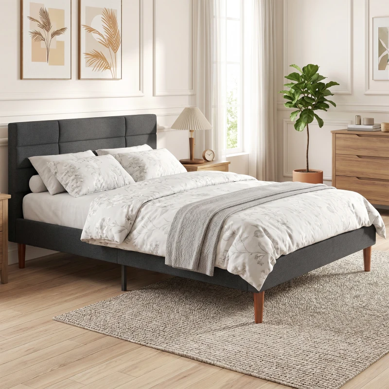 HOMCOM Cama Tapizada 140x200 cm con Cabecero Acolchado de Rejilla Almacenaje Inferior Láminas de Madera Gris
