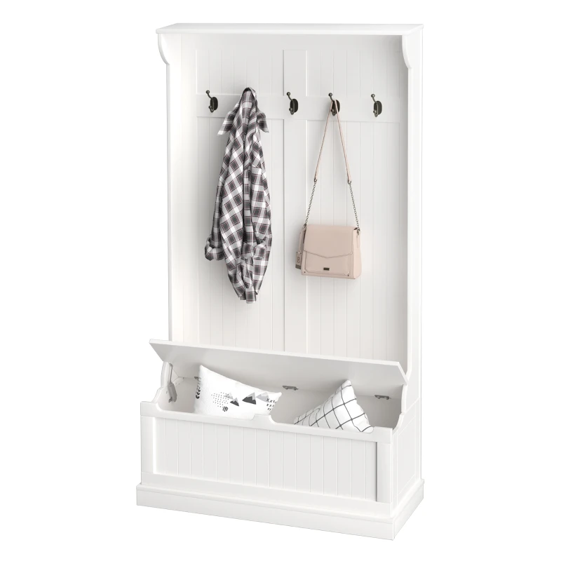 HOMCOM Cuier de Podea cu Bancă pentru Pantofi și 5 Cârlige, MDF, 96L x 34I x 179,7Î cm, Crem