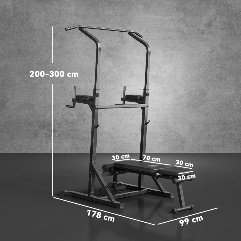 HOMCOM Estación de Musculación Torre de Entrenamiento Altura Ajustable con Barra de Dominadas y Banco Plegable para Fitness en Casa Gimnasio Carga 150 kg 99x178x230 cm Negro