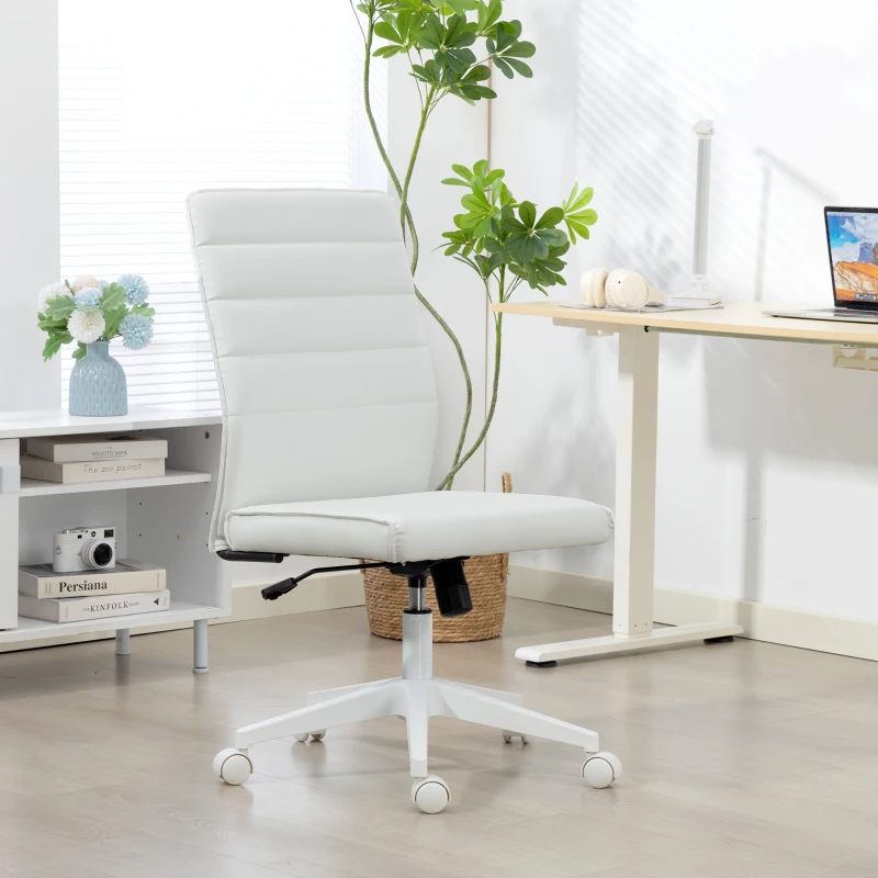 HOMCOM Scaun de Birou Ergonomic și Reglabil cu Spătar Curbat, din Piele PU și Oțel, 58x53x97-107 cm, Alb