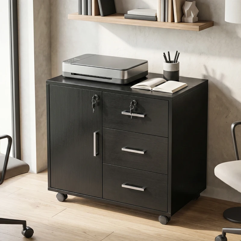 HOMCOM Caisson bureau meuble de rangement verrouillable avec 3 tiroirs et étagère réglable, roulettes, 40 x 60 x 56 cm, noir