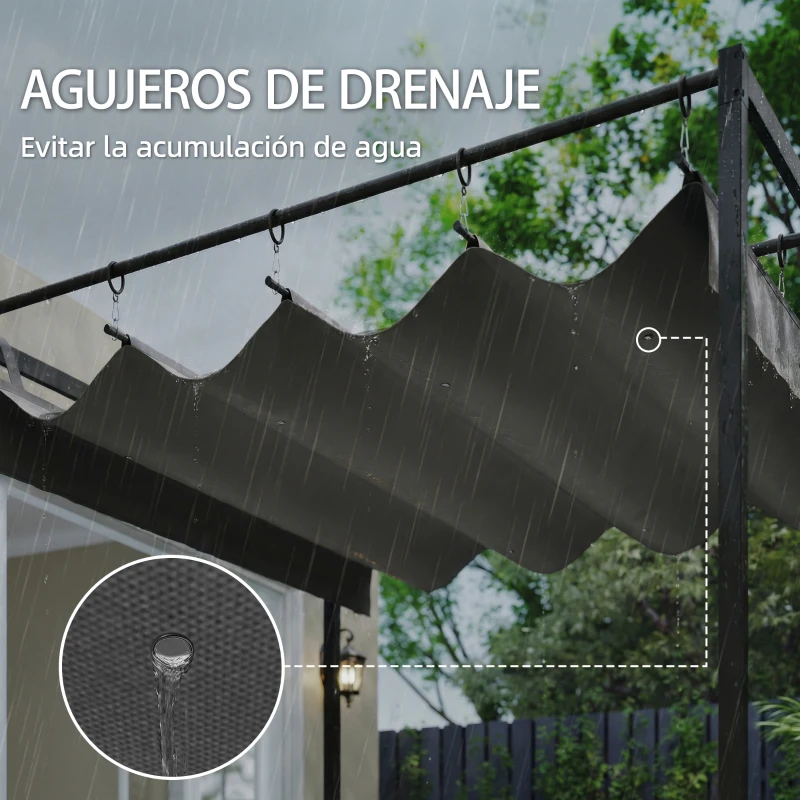 Outsunny Pérgola de Pared de Jardín 3x3 m con Techo Retráctil Protección UPF30+ Drenaje Cenador de Jardín para Exterior Gris