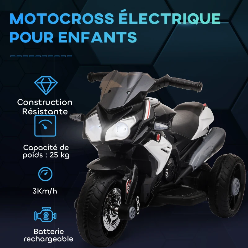 HOMCOM Moto électrique enfants 3 roues 6 V, voiture électrique enfants avec effets lumineux et sonores, vitesse 3 km/h, pour 3 à 5 ans, charge 25 kg, noir et blanc(m-5)