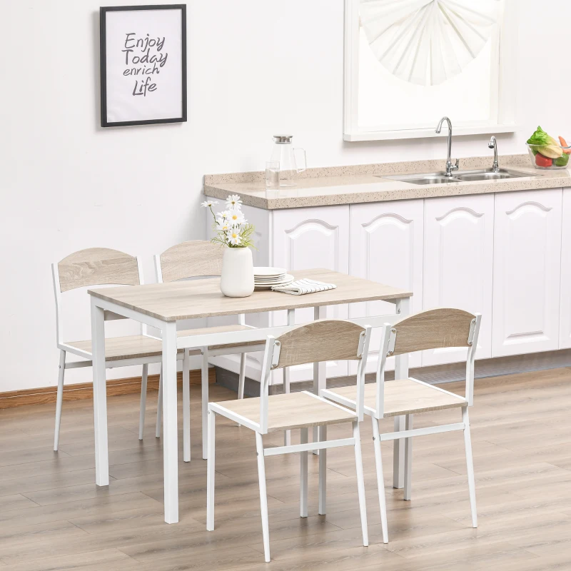 HOMCOM Set Masă de Prânz din 5 Piese cu 1 Masă Dreptunghiulară și 4 Scaune, 100x63x76,5 cm, Gri și Alb