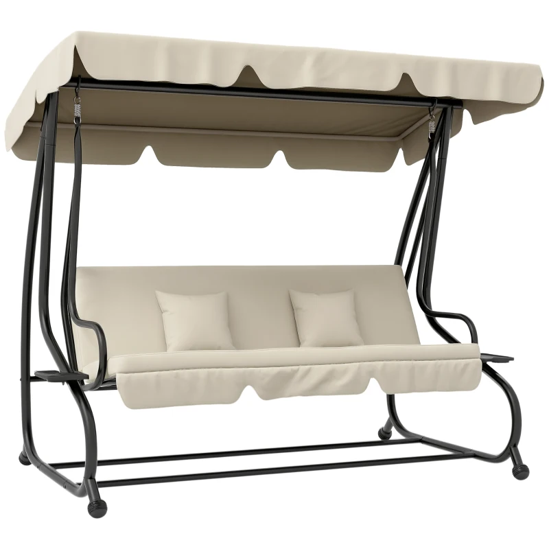 Outsunny 2-in-1 Tuinschommel met Ligfunctie, Verstelbaar Dak, tot 340 kg, Staal, 200x120x164 cm, Crèmewit