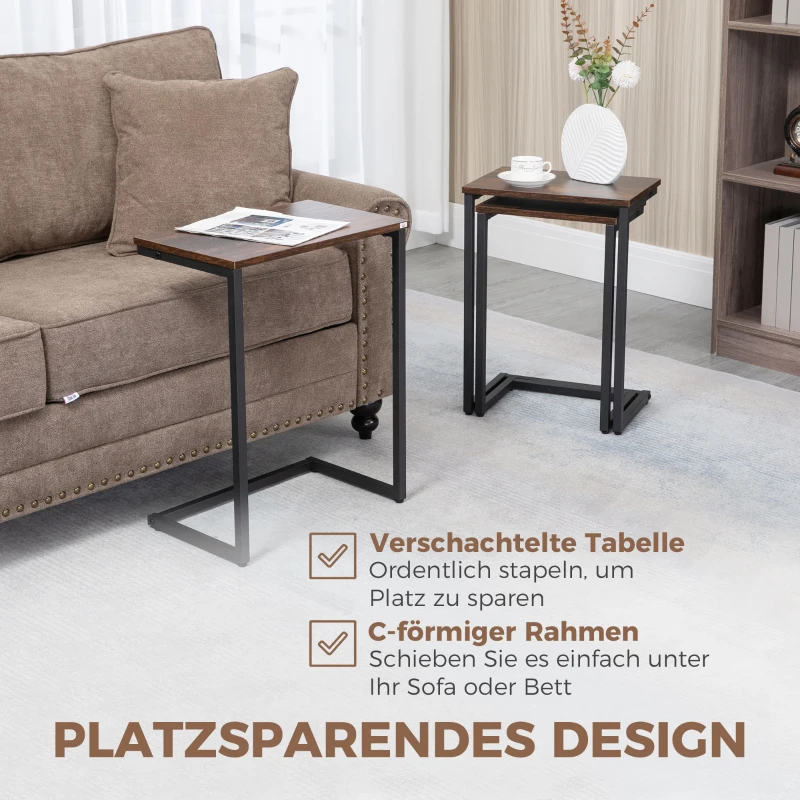 HOMCOM Satztisch, Beistelltisch, 3er-Set, Industrial Design, Stahlrahmen, braun+schwarz, 45 x 30 x 60cm