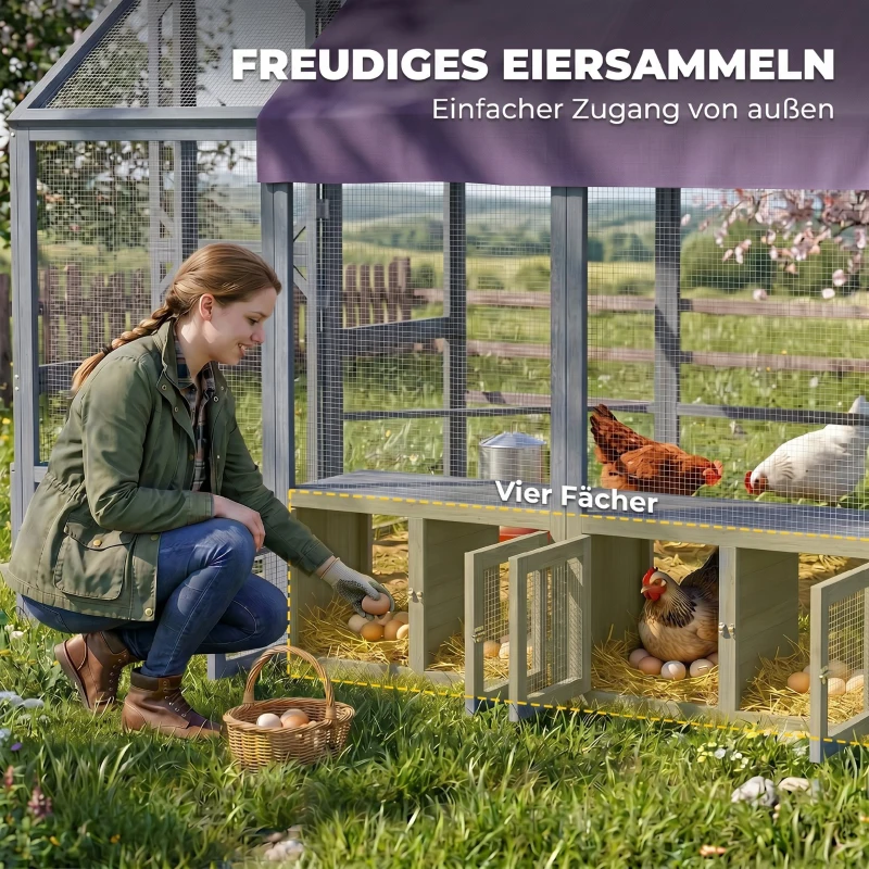 PawHut Hühnerstall mit wetterfestem Tuch 2 Nistkasten 2 Sitzstange für 8-10 Hühner Holz 211 x 186,5 x 185,5 cm Dunkelgrau