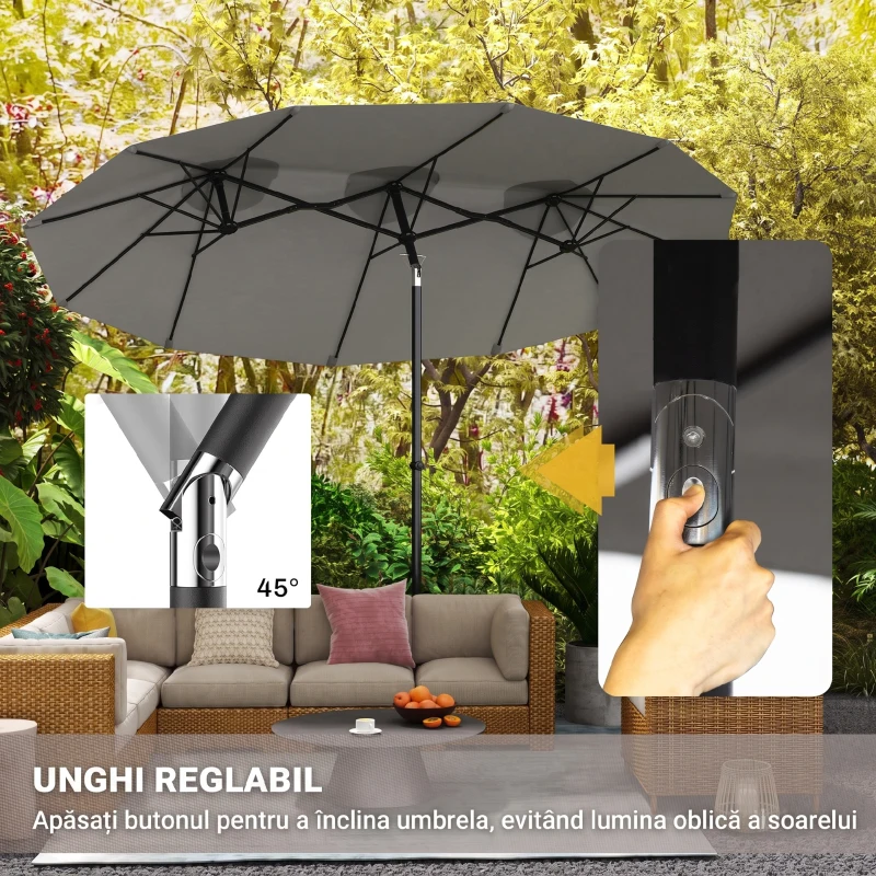 Outsunny Umbrelă dublă înclinabilă la 45° cu manivelă și orificii de aerisire, din oțel și poliester, 285x147x227 cm, gri