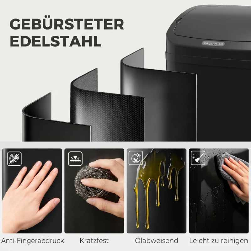 HOMCOM 48 L Sensor-Mülleimer für Küche oder Büro, automatische Schließ-Funktion, Edelstahl, Schwarz