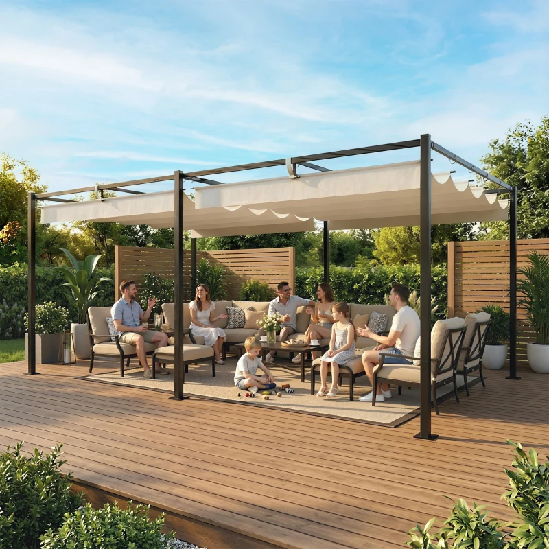Outsunny Pérgola de Jardín 6x3 m con Techo Retráctil Protección UPF50+ Drenaje Cenador de Jardín para Patio Exterior Crema