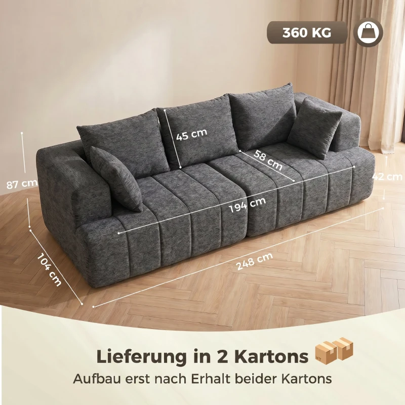 HOMCOM 3-Sitzer-Sofa, Cloud-Sofa aus Chenille mit dicker Federkernpolsterung, breiter und tiefer Sitzfläche, breiten Armlehnen, Kissen, grau