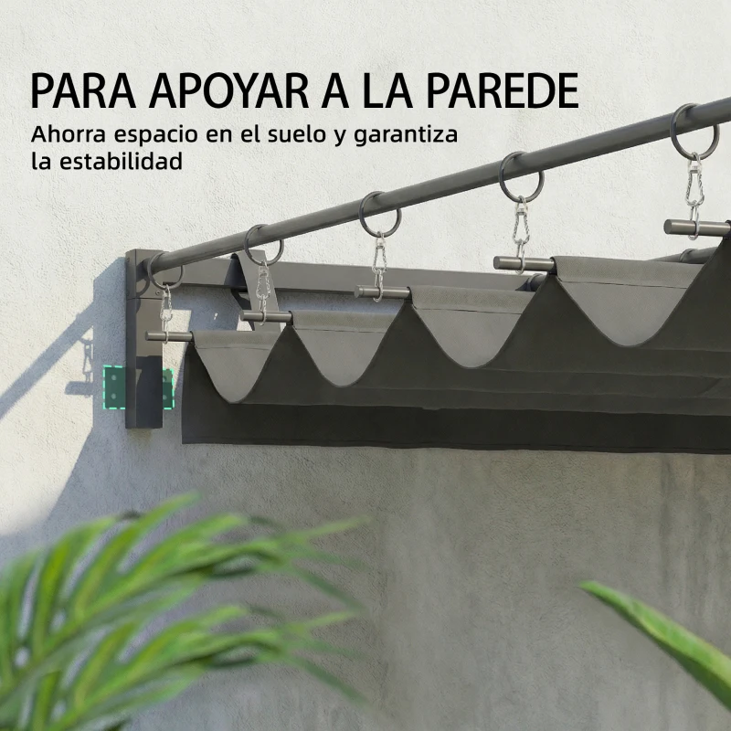 Outsunny Pérgola de Pared de Jardín 3x3 m con Techo Retráctil Protección UPF30+ Drenaje Cenador de Jardín para Exterior Gris