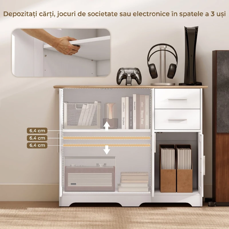 HOMCOM Bufet Modern din Lemn cu 2 Sertare și 2 Dulapuri, 100x40x78 cm, Alb și Lemn Natural