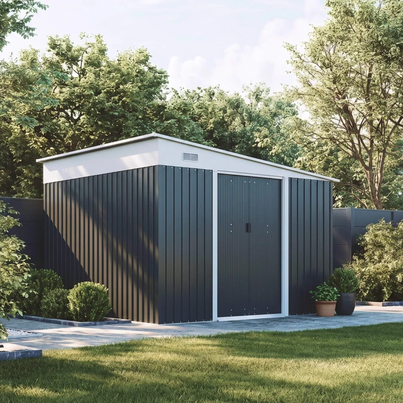 Outsunny Casetta da Giardino con Porta Scorrevole, in Acciaio, 345x280.5x169-201 cm, Nero
