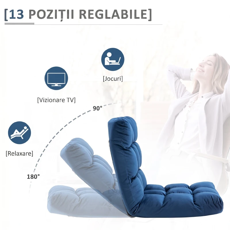 HOMCOM Fotoliu de Podea din Catifea cu Spătar Reclinabil până la 180° și Umplutură Groasă, 55x71x53.5cm, Albastru