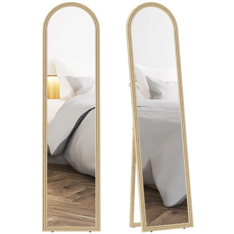 HOMCOM Oglindă de Podea și Perete Full Body cu Suport, Efect de Piatră și Formă Arcuită, 40x160 cm, Bej