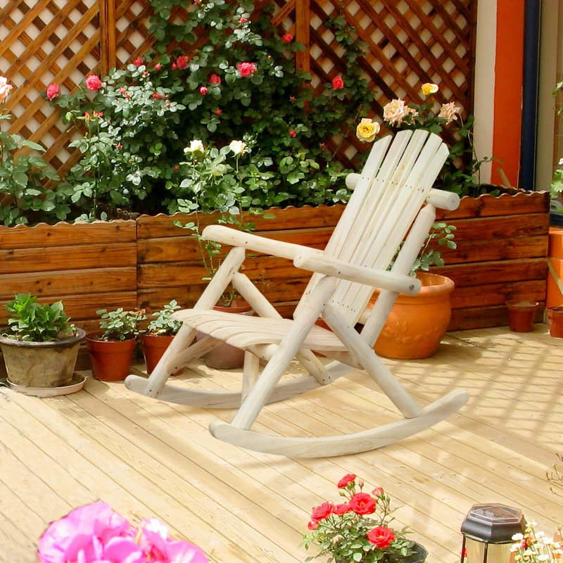 Outsunny Schaukelstuhl aus Holz Schaukelsessel mit hoher Rückenlehne wetterfest Gartenstuhl bis 113kg belastbar Relaxstuhl für Wohnzimmer Garten, Rasen, Balkon Natur