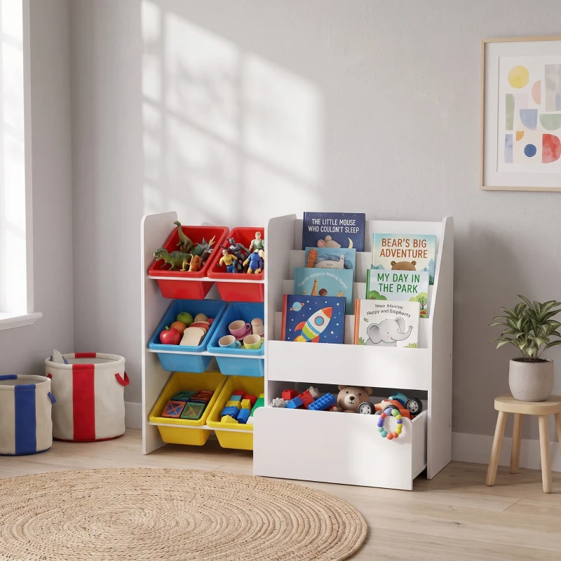 AIYAPLAY Meuble rangement enfant rangement jouets enfant 6 bacs amovibles et grand coffre à roulettes 100x30x80cm multicolore