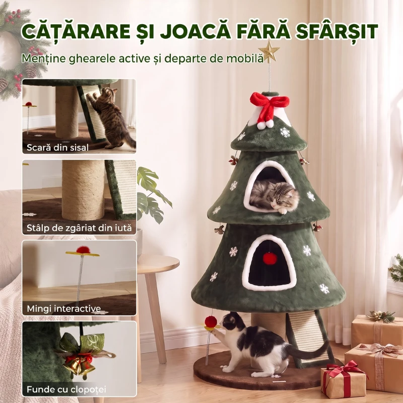 PAWHUT Ansamblu de Zgâriat pentru Pisici, Brad de Crăciun, 2 Culcușuri, Scară din Sisal, Stâlpi din Iută și Mingi, Verde