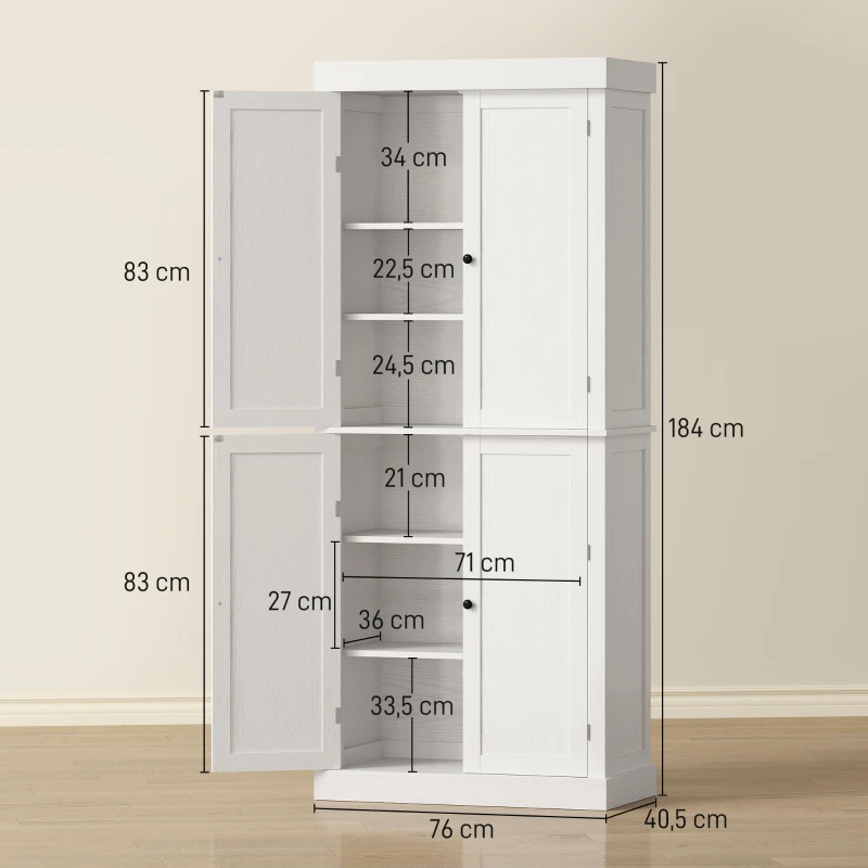 HOMCOM Mobile Cucina Alto con 6 Ripiani Regolabili e 2 Ante in Legno, 76x40.5x184 cm, Bianco