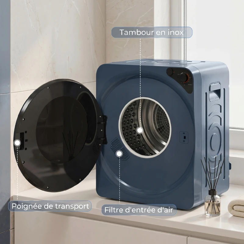 HOMCOM Sèche linge à évacuation compact, sèche-linge électrique 1000 W 3 Kg, 5 modes de séchage, cuve en acier inoxydable, bleu