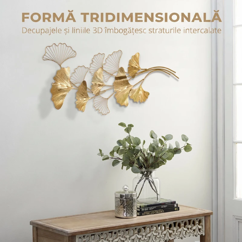 HOMCOM Decoratiune de perete 3D Moderna Frunze de Ginkgo Sculpturi de Perete Agatate Decor pentru Sufragerie Dormitor Sufragerie, Auriu
