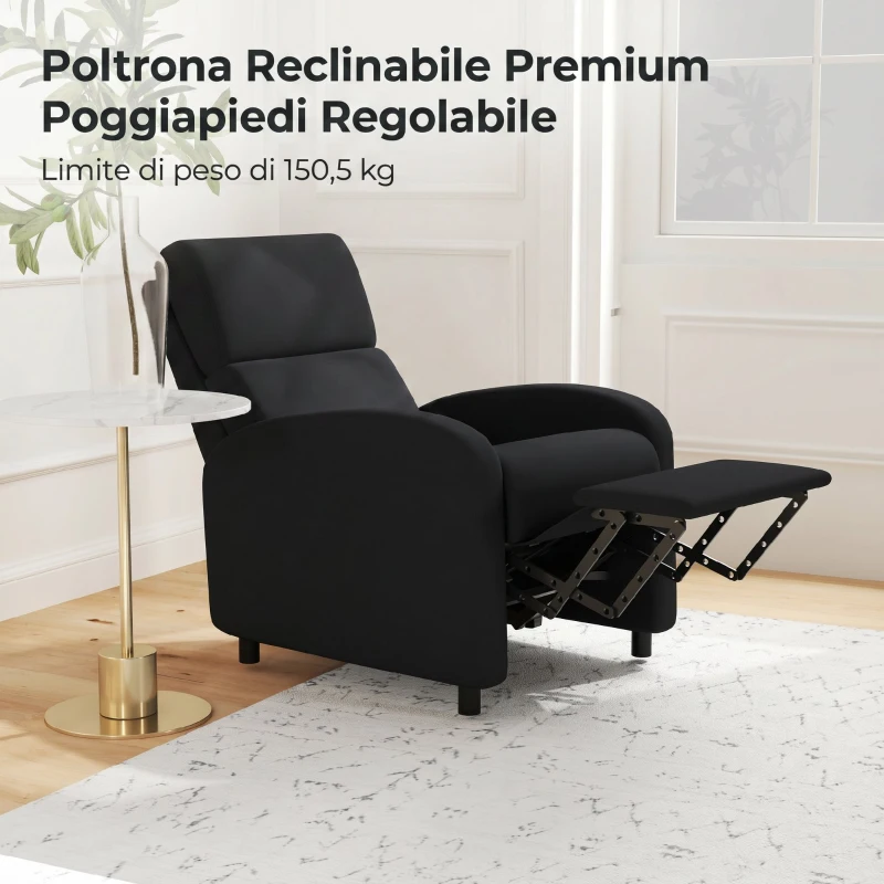HOMCOM Poltrona Relax Reclinabile Manuale 160° con Poggiapiedi in Tessuto Effetto Lino, Nero