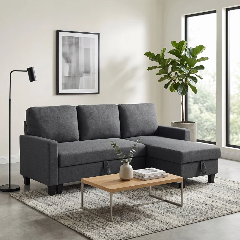 HOMCOM Ecksofa mit Schlaffunktion und Bettkasten L-Form Schlafsofa mit Verwandelbarer Chaiselongue, für Wohnung und Wohnzimmer