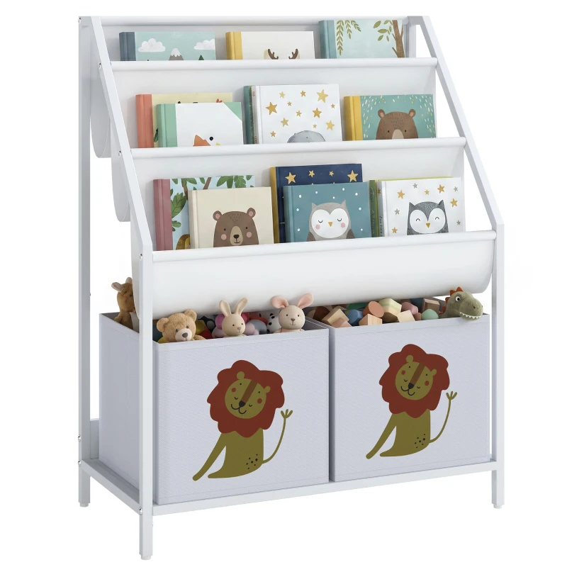 AIYAPLAY Bibliotecă Montessori pentru Copii 3-8 Ani cu 4 Rafturi și 2 Cutii cu Imprimeu Leu, Alb