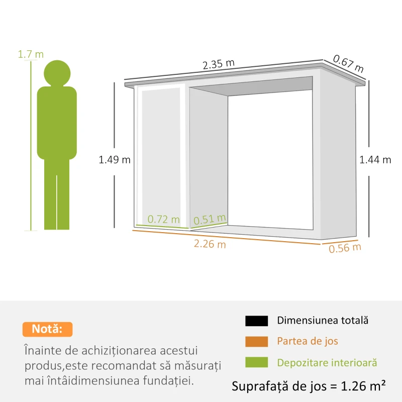 Outsunny Magazie pentru Lemne cu Acoperiș Înclinat, 235x67x149 cm, Gri Închis