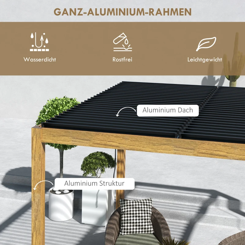 Outsunny Tuinpaviljoen met lamellendak, handkruk, aluminium/hout, 3x3m, zwart/natuur