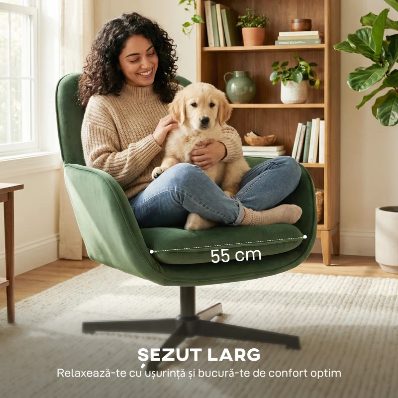 HOMCOM Fotoliu de Salon Rotativ 360° cu Pernă Lombară Detașabilă, Șezut Generos, Fotoliu Tapițat Modern din Catifea cu Cotiere, pentru Living, 73x83.5x85 cm, Verde
