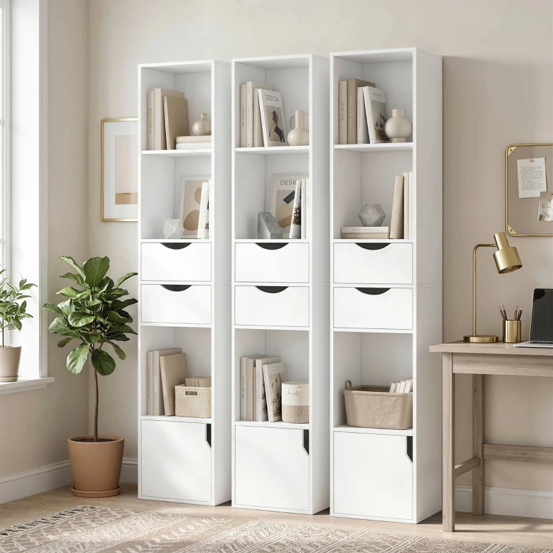 HOMCOM Estante com 2 gavetas, Armário de livros estreito com 3 prateleiras abertas, para escritório, quarto 30x24x158cm Branco