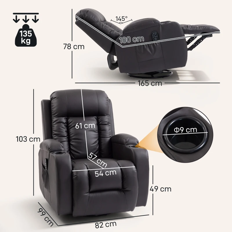 HOMCOM Fauteuil inclinable de massage et chauffage, fauteuil de relaxation, dossier réglable, pivotant 360°, 82x99x103cm, marron