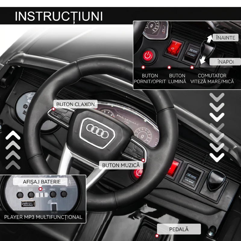 HOMCOM Mașină Electrică pentru Copii Audi RS Q8, 6V, 2 Motoare, Telecomandă, PP, 101x62x51 cm, Negru