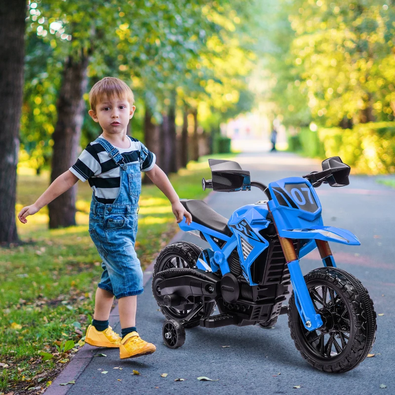 AIYAPLAY Motocicletă electrică pentru copii 3-8 ani, cu 2 motoare 12V, roți ajutătoare și claxon, 3 km/h, 30 kg, albastru