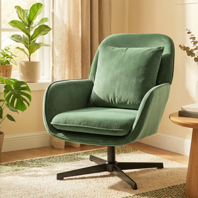 HOMCOM Fotoliu de Salon Rotativ 360° cu Pernă Lombară Detașabilă, Șezut Generos, Fotoliu Tapițat Modern din Catifea cu Cotiere, pentru Living, 73x83.5x85 cm, Verde