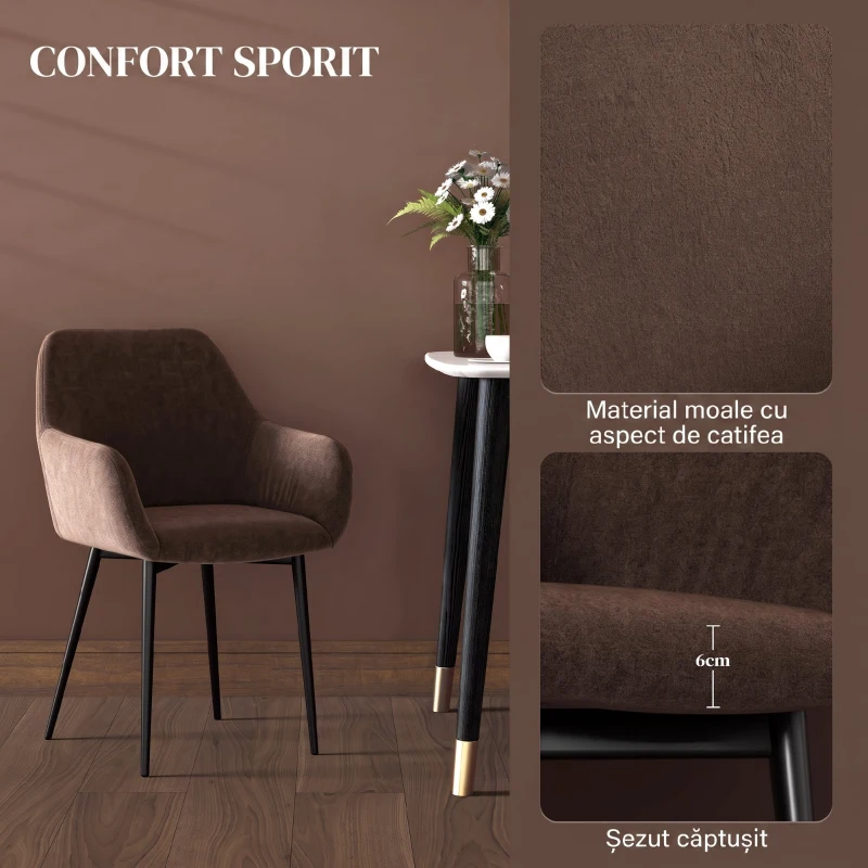 HOMCOM Set 2 Scaune de Dining Nordice Tapițate cu Brațe Curbate din Țesătură cu Efect de Catifea, 54x57x80 cm, Maro