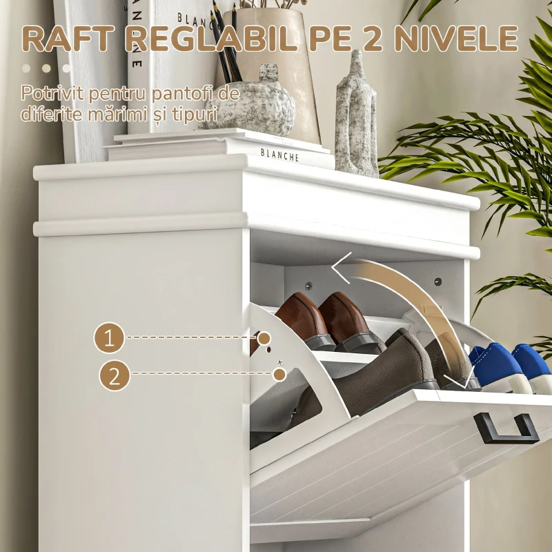 HOMCOM Dulap Modern pentru Pantofi cu 2 Sertare Rabatabile, Capacitate 10 Perechi și Raft Reglabil, 54x24x82,5 cm, Alb