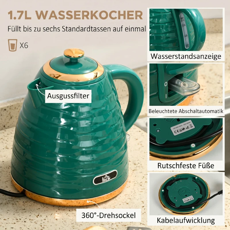 HOMCOM 2-in-1 Toaster und Wasserkocher Set, 7 Bräunungsstufen, Auftau- und Aufwärmfunktion, Grün