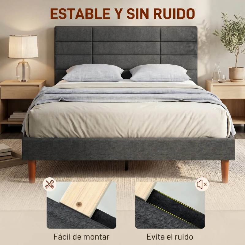HOMCOM Cama Tapizada 140x200 cm con Cabecero Acolchado de Rejilla Almacenaje Inferior Láminas de Madera Gris