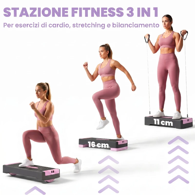 SPORTNOW Stepper fitness a 2 altezze con bande di resistenza, portata 120 kg, rosa e nero