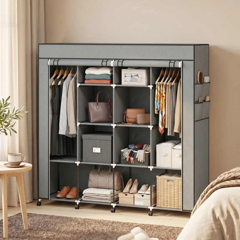 HOMCOM Kleiderschrank Stoffschrank, Türen, 2 Kleiderstangen, 10 Fächer, Grau