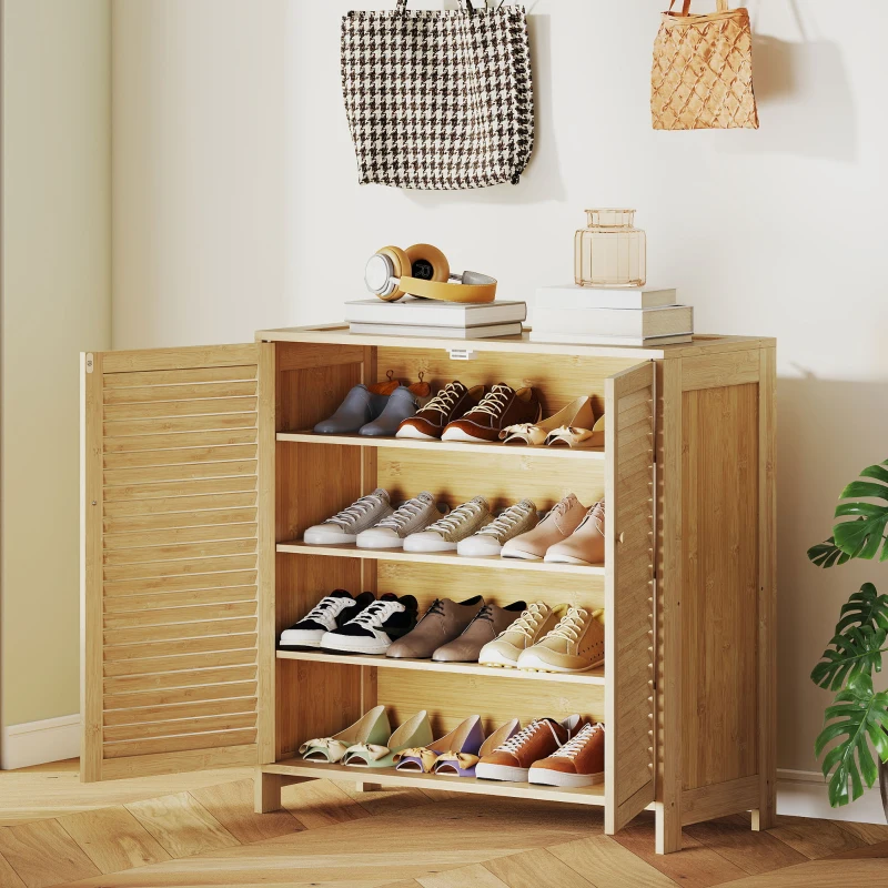 HOMCOM schmaler Schuhschrank, Rattan, schmal, hoch, Holz, kleine Schublade, dünn