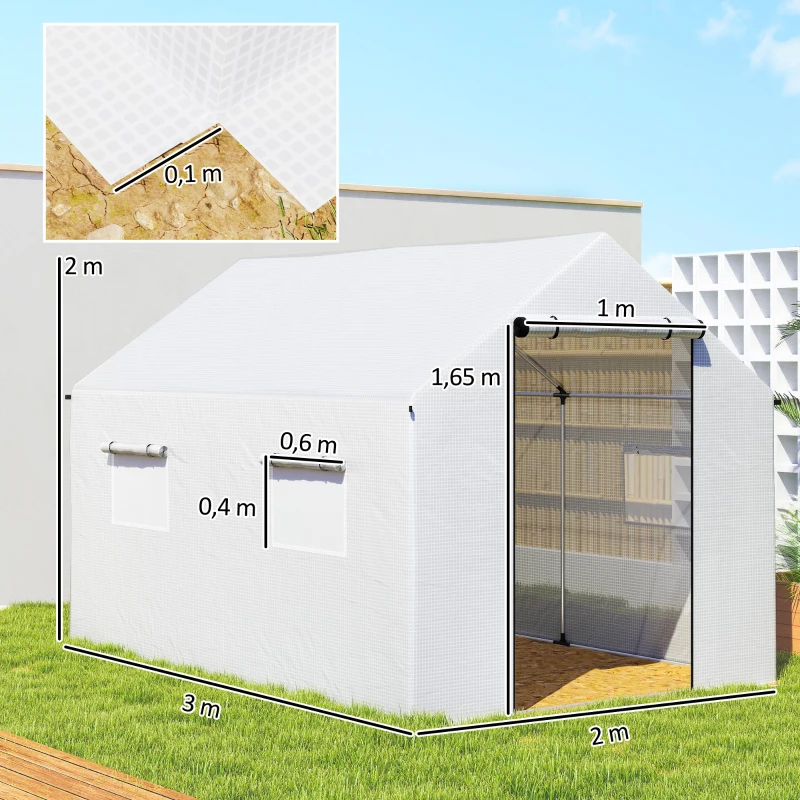Outsunny Gewächshaus 3 x 2 x 2 m Foliengewächshaus mit 4 Mesh-Fenster, Breiter Rollbar Reißverschlusstür Moskitonetz UV-beständig
